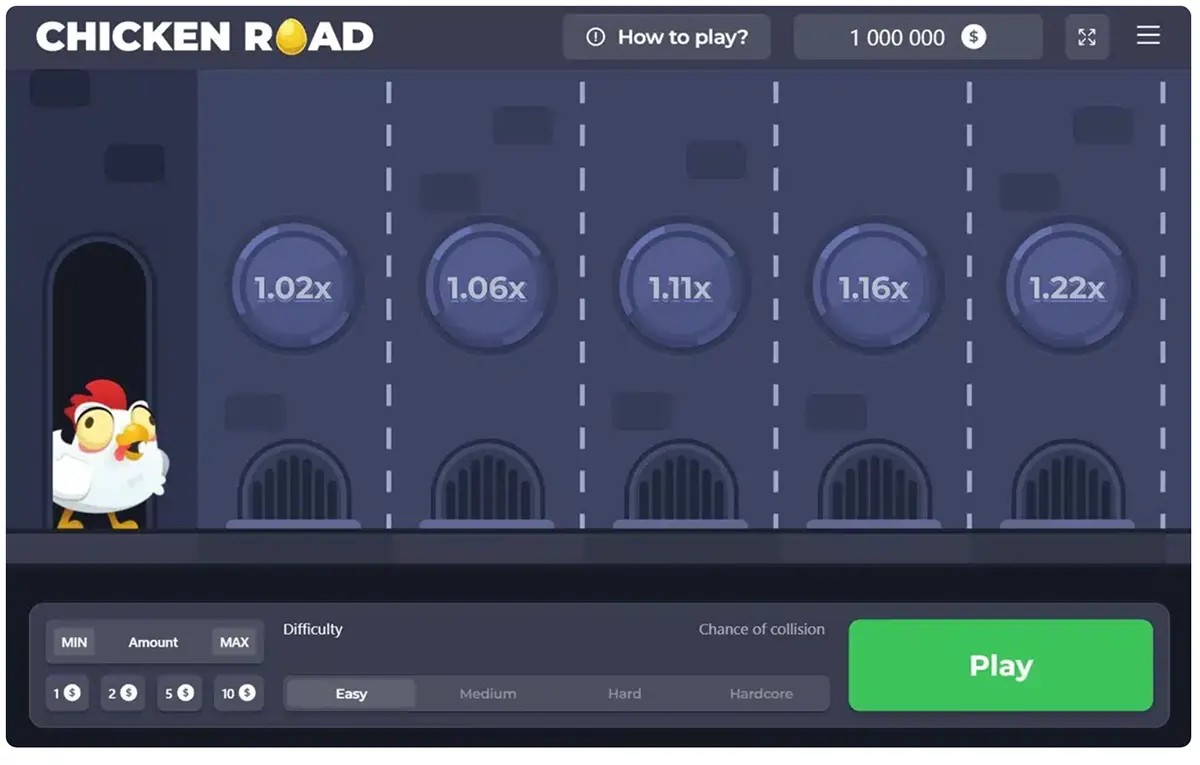 Screenshot of the Chicken Road game interface with a cartoon chicken on the left and five starting lanes showing small multipliers (1.02x to 1.22x), plus a bottom panel for bet amount and difficulty settings and a large green “Play” button.