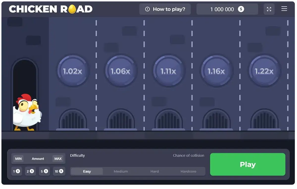 Screenshot of the Chicken Road game interface with a cartoon chicken on the left and five starting lanes showing small multipliers (1.02x to 1.22x), plus a bottom panel for bet amount and difficulty settings and a large green “Play” button.